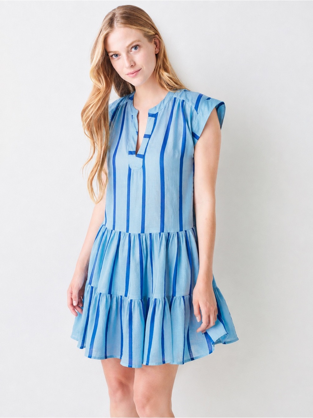 OLIPHANT Blue Striped Roll Sleeve Mini Dress | Size XL